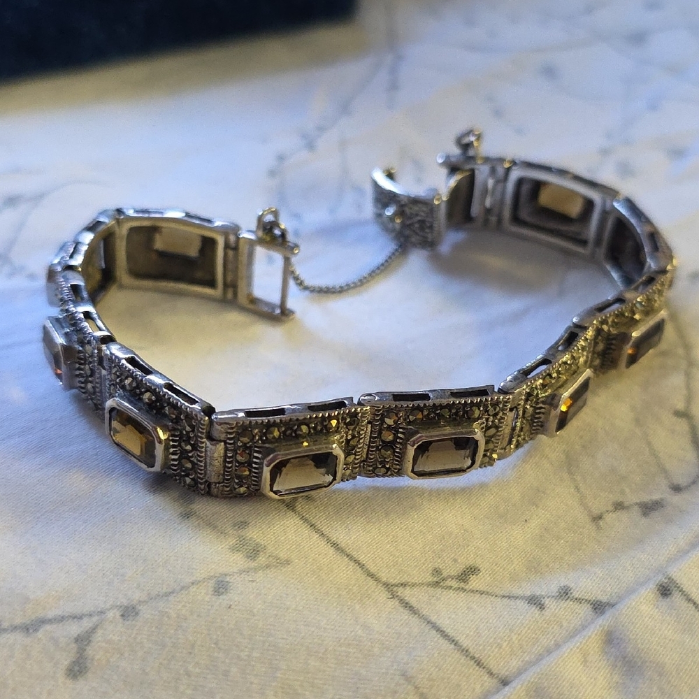 Vintage-Style SS Marcasite And Smokey Topaz Bracelet.